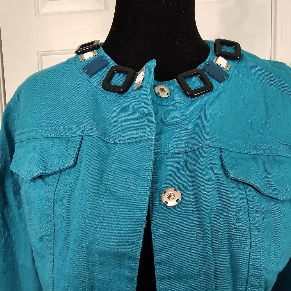 Hearts of Palm Turquoise w/ Button Embellished Collarless Blazer Women's Sz 8P